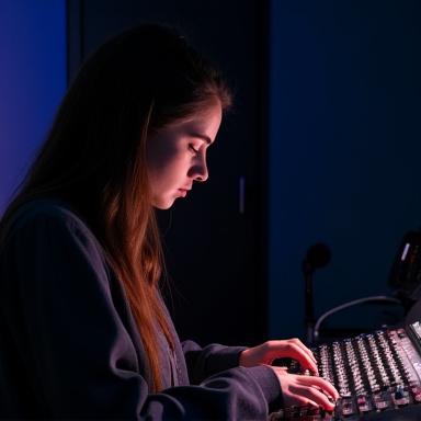 Léa Martin, ingénieure du son principale, ajustant des potentiomètres sur une table de mixage.