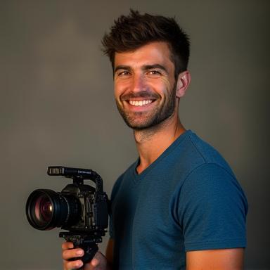 Thomas Rousseau, photographe studio, tenant un appareil photo professionnel et souriant.