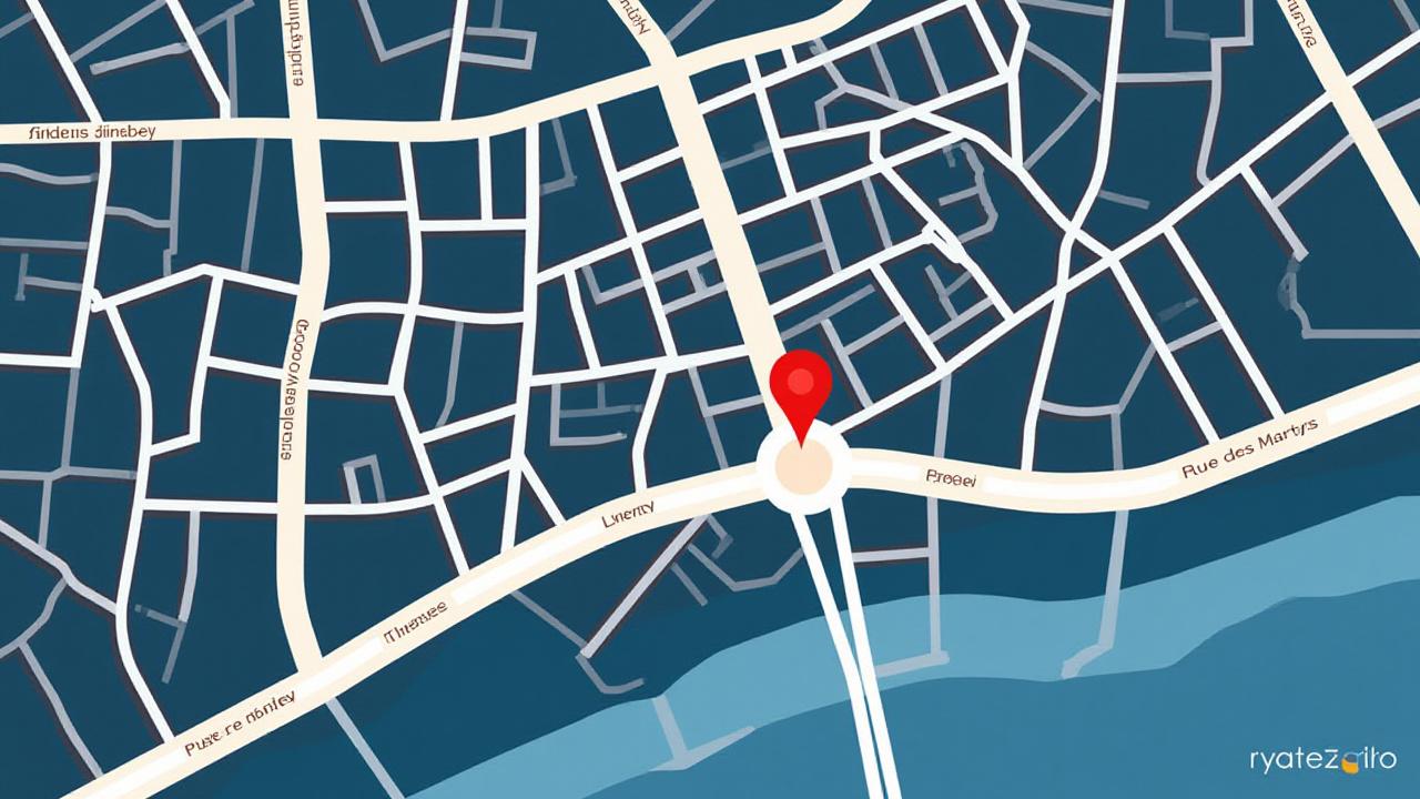 Carte géographique stylisée de l'emplacement de Résonance Studio à Lyon, France, mettant en évidence la Rue des Martyrs.