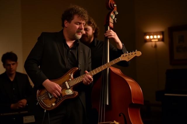 Trio de jazz jouant en session live, ambiance intime.