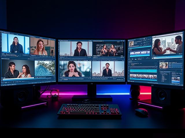 Écran d'ordinateur affichant des montages vidéo pour réseaux sociaux, avec des outils de post-production.
