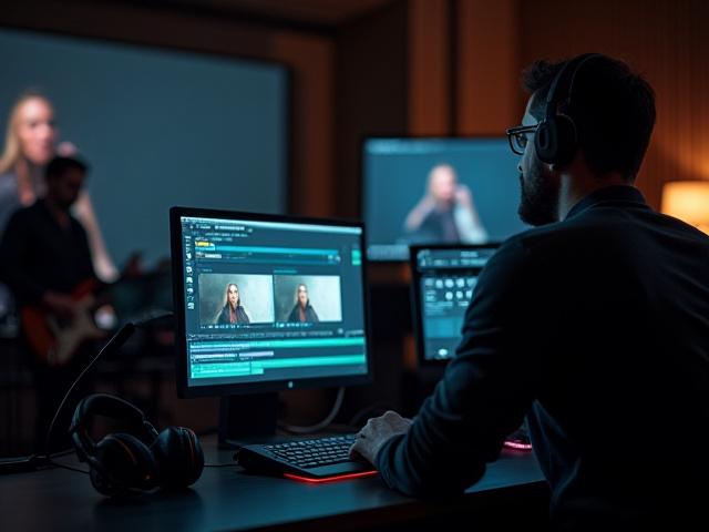 Réalisateur de clip vidéo derrière un moniteur de production, avec des musiciens en arrière-plan.
