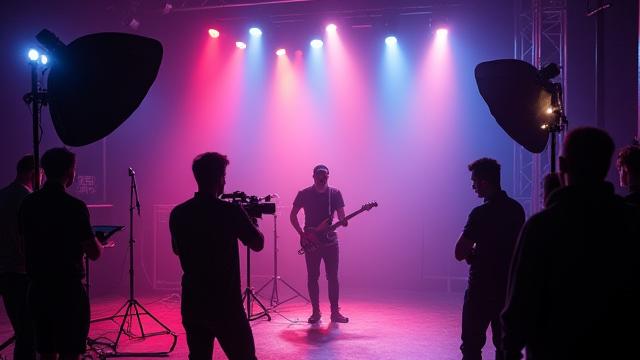Équipe de tournage filmant un musicien avec des lumières professionnelles.